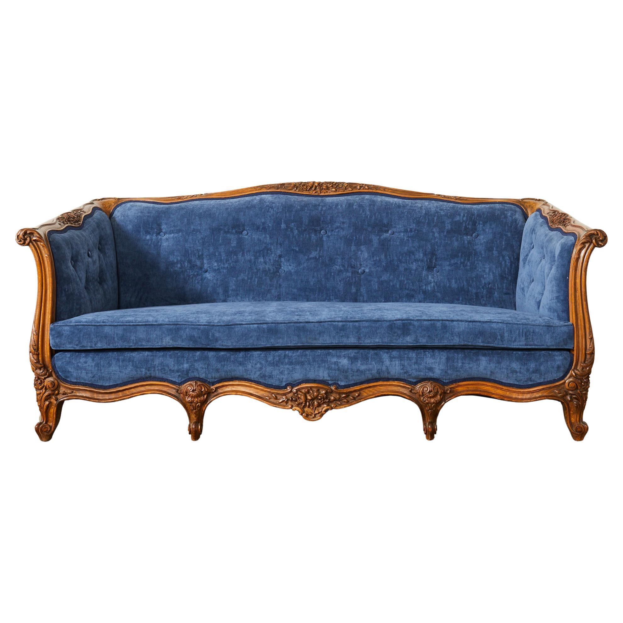 Country French Provincial Style Walnut Blue Velvet Canapé Sofa  For Sale