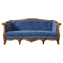 Antique Country French Provincial Style Walnut Blue Velvet Canapé Sofa 