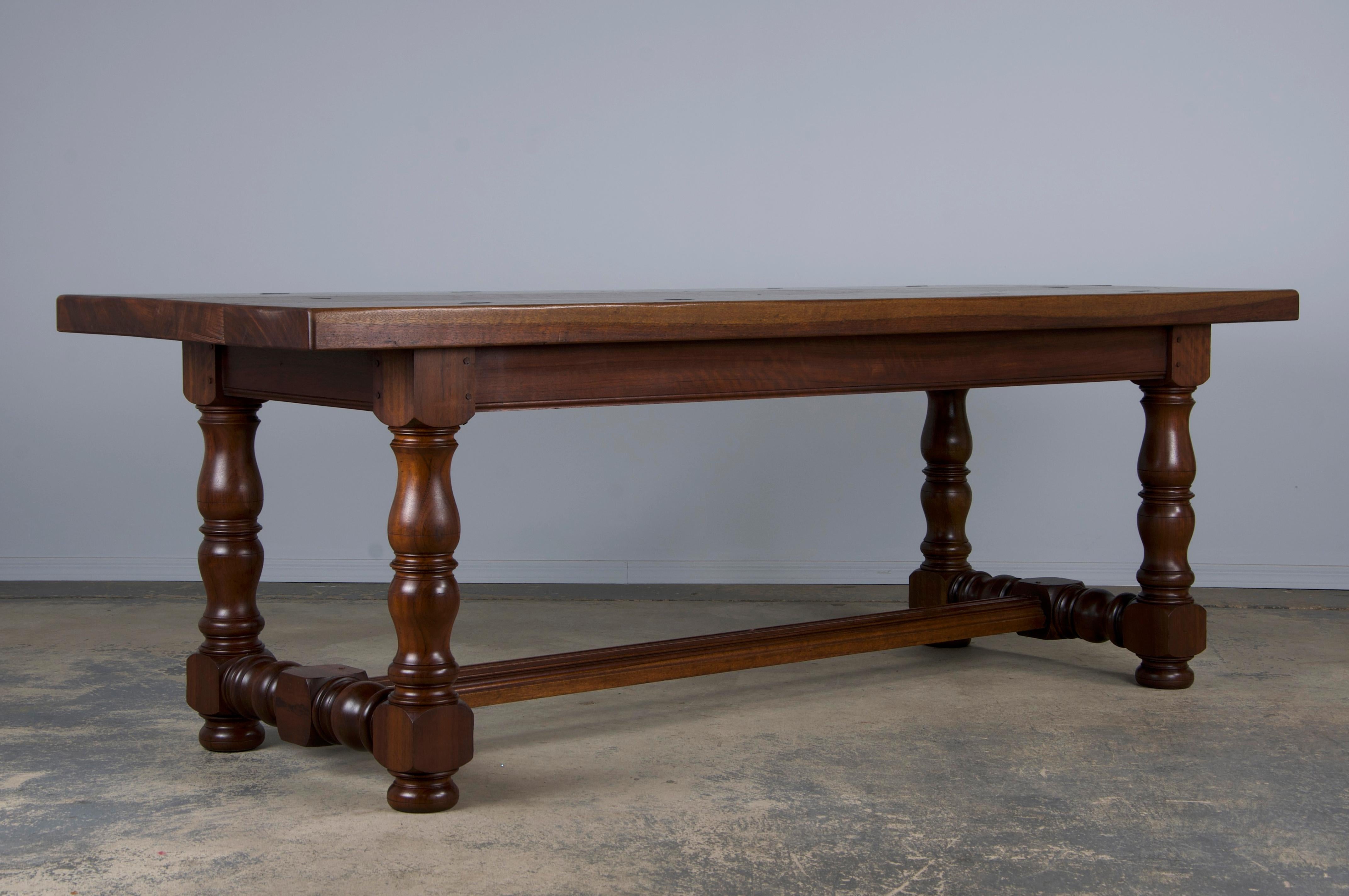 Wrought Iron Country French Provincial Style Walnut Farmhouse Trestle Dining Table For Sale