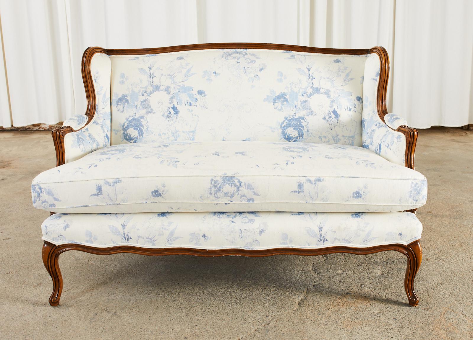 Country French Provincial Walnut Upholstered Wingback Settee In Good Condition In Rio Vista, CA