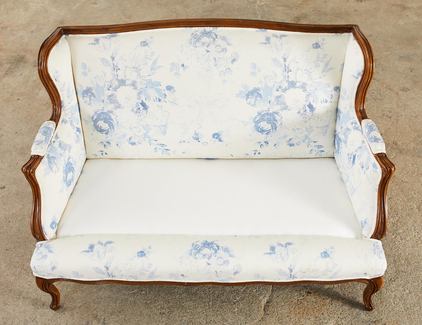 Fabric Country French Provincial Walnut Upholstered Wingback Settee