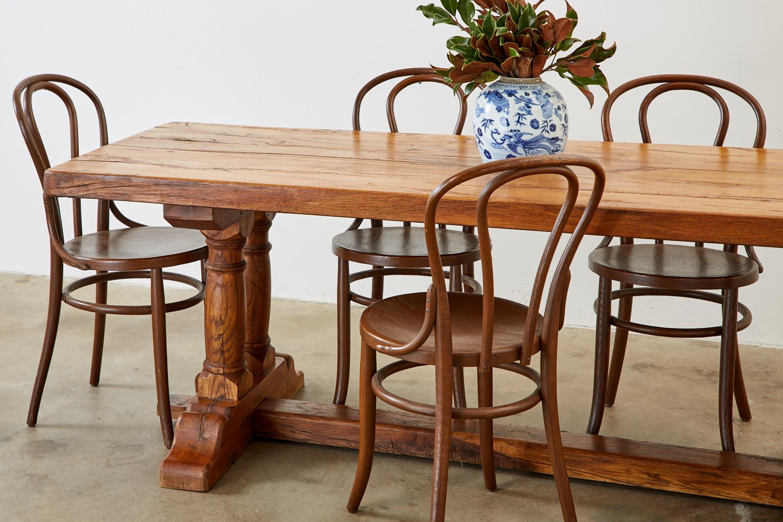 Country French Reclaimed Oak Farmhouse Trestle Dining Table In Distressed Condition In Rio Vista, CA