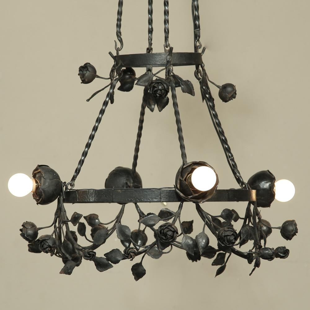 Country French Romantic Forged Iron Rose Chandelier In Good Condition In Dallas, TX