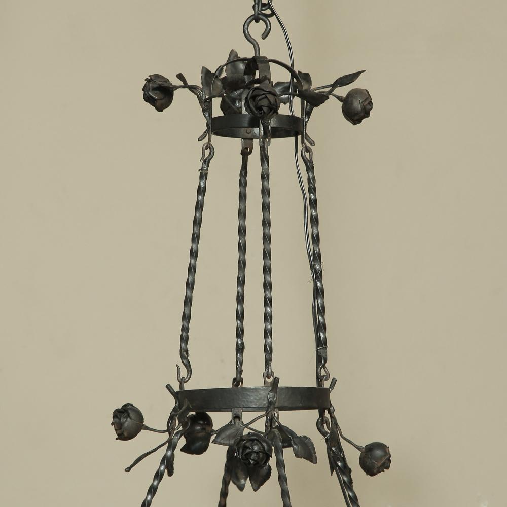 20th Century Country French Romantic Forged Iron Rose Chandelier
