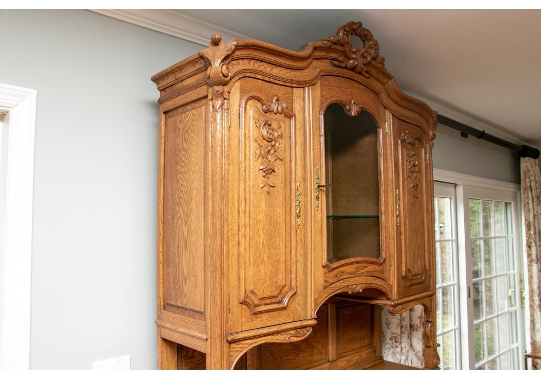 Glass Country French Style Carved Oak Step Back Cabinet For Sale