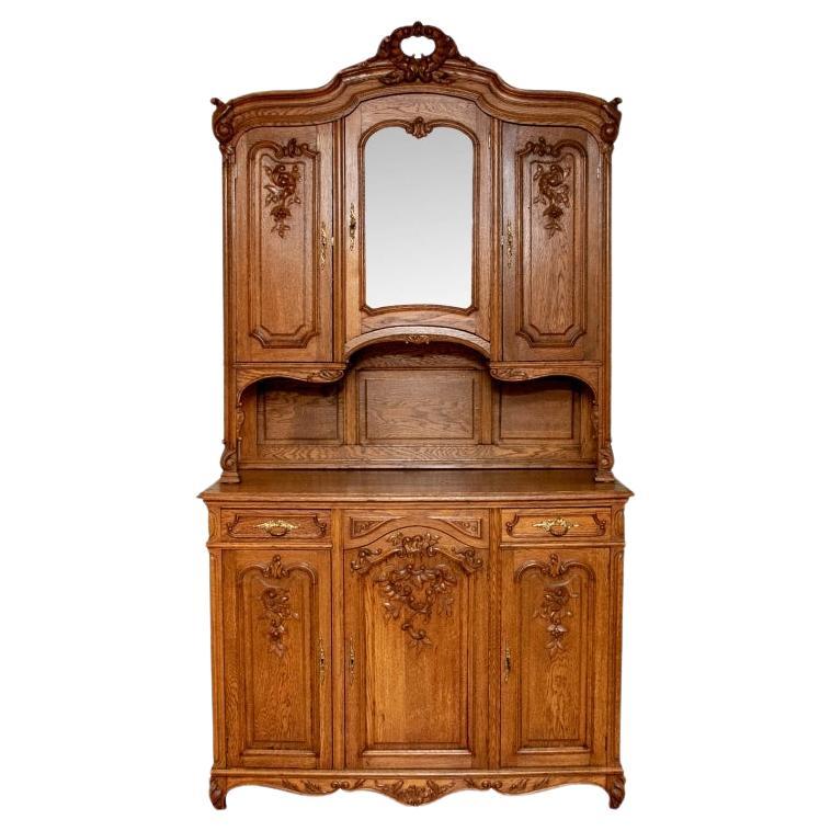 Country French Style Carved Oak Step Back Cabinet For Sale