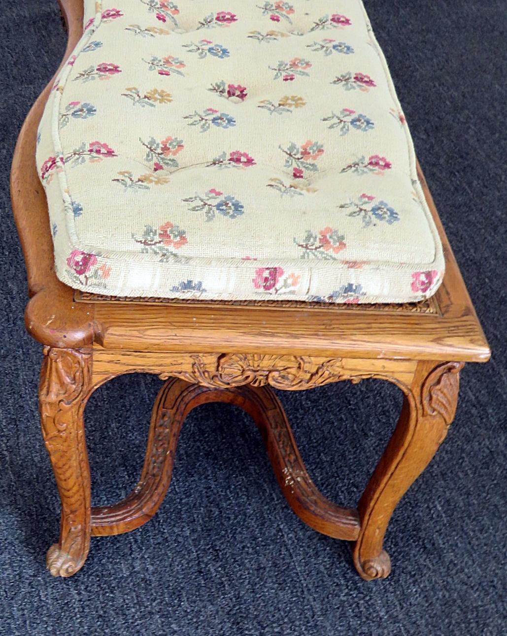 Country French style window cane seated window bench with cushion.