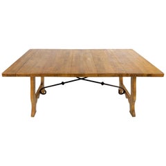 Country French Style Wood Dining Table with a Wrought Iron Stretcher