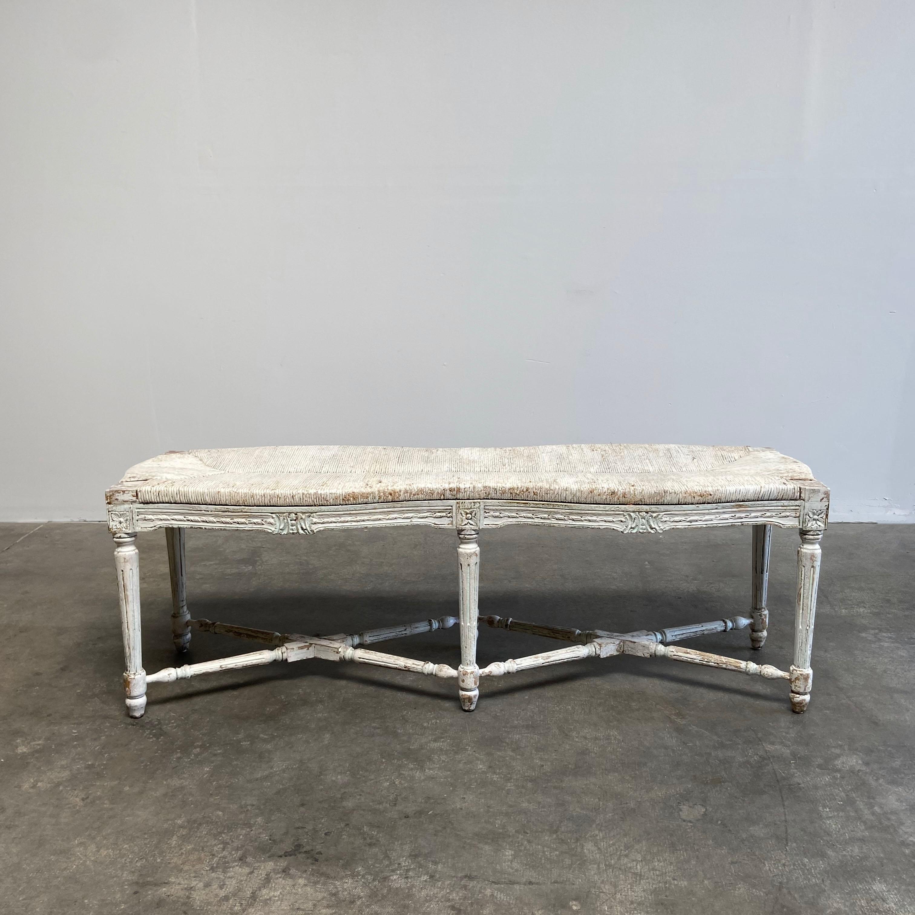 20th Century Country French Vintage Painted Rush Bench with Linen and Down Cushion