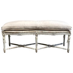 Country French Vintage Painted Rush Bench with Linen and Down Cushion
