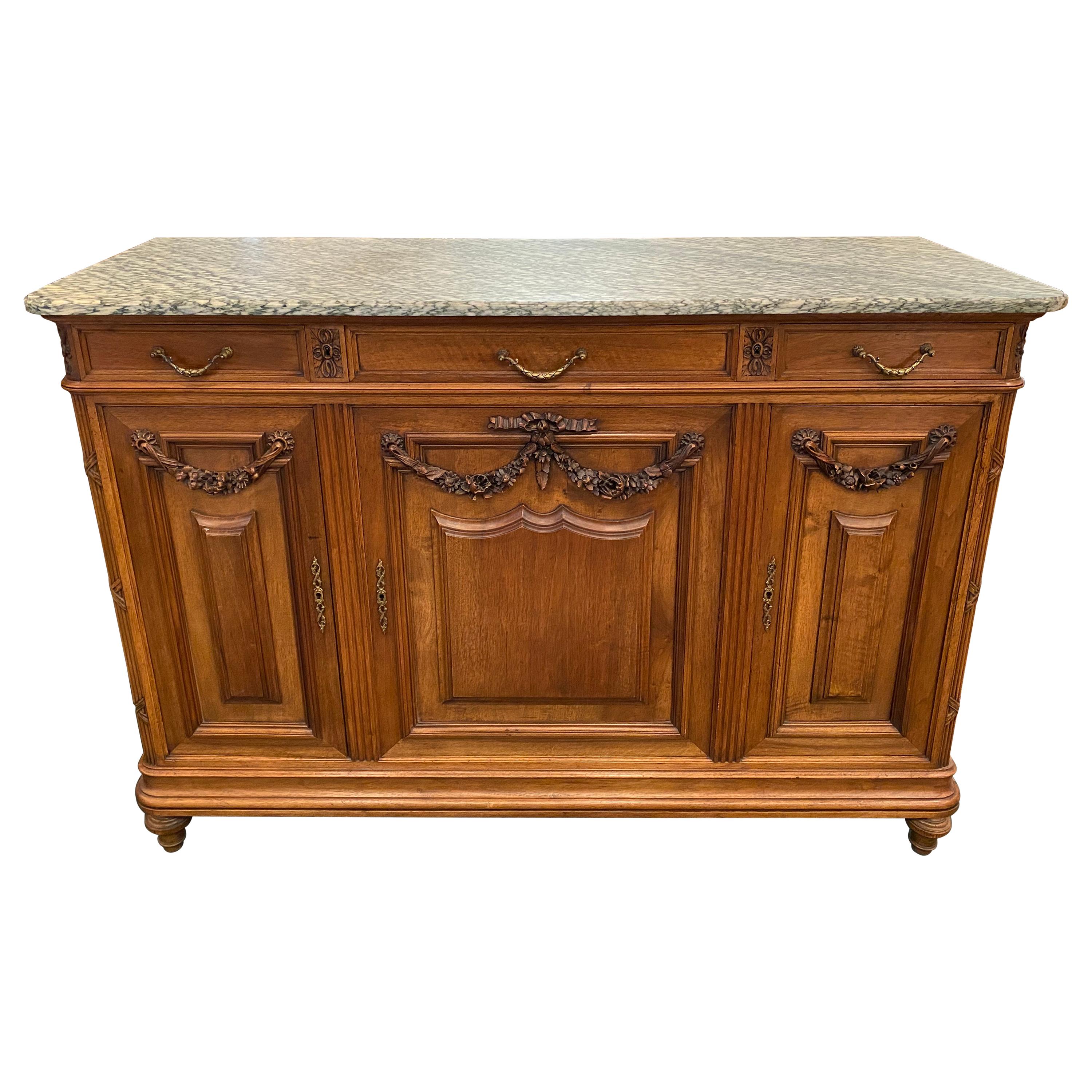 Country French Walnut and Marble Top Sideboard/Buffet For Sale