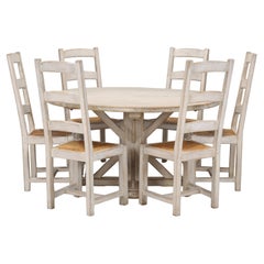Used Country French White Washed Round Kitchen, Dining Table with (6) Matching Chairs