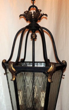 Large Country French Wrought Iron Lattice Glass Lantern Pendent Exterior Fixture