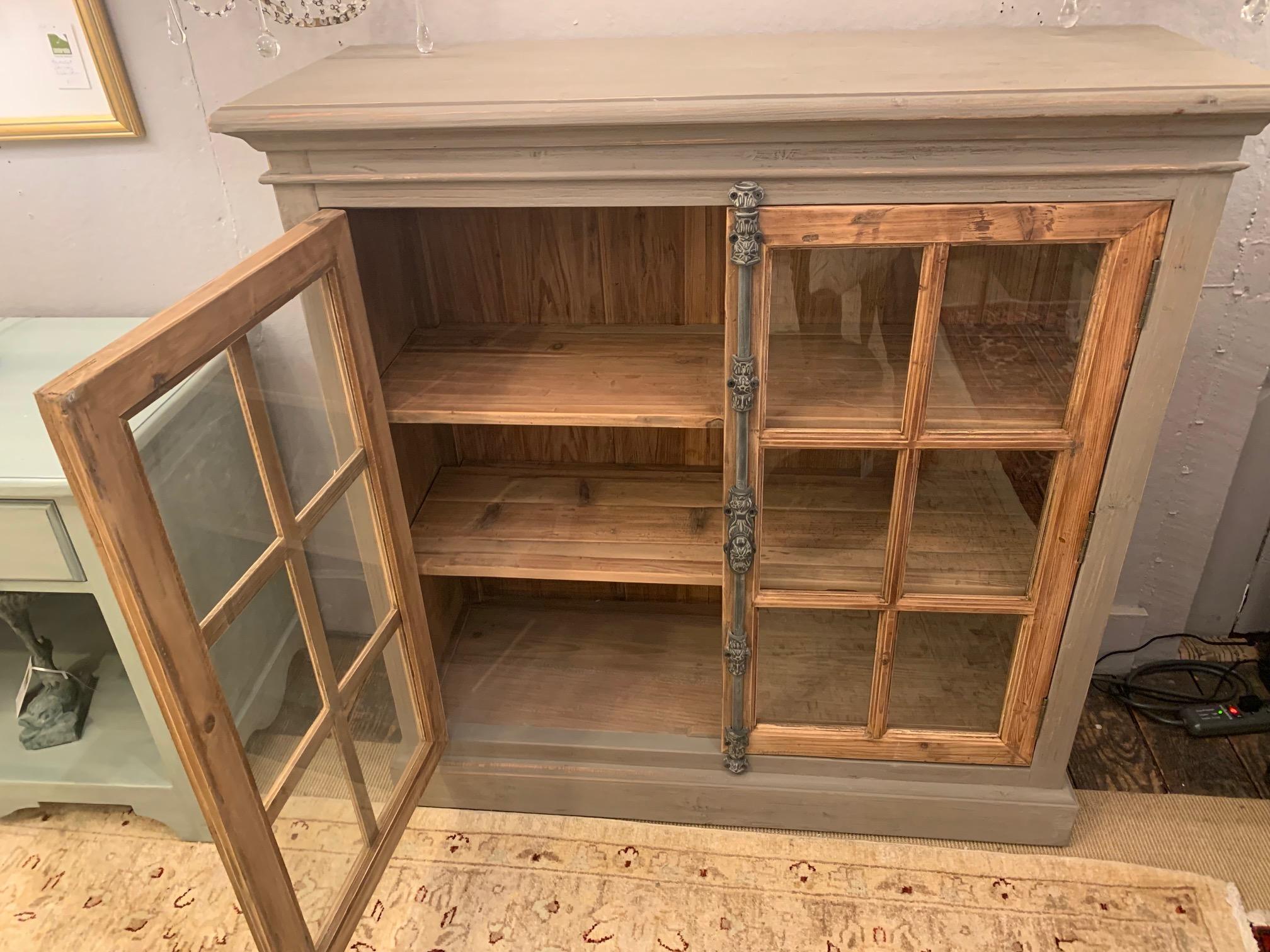 Country Fresh Painted Pine Cabinet with Glass Doors For Sale 3