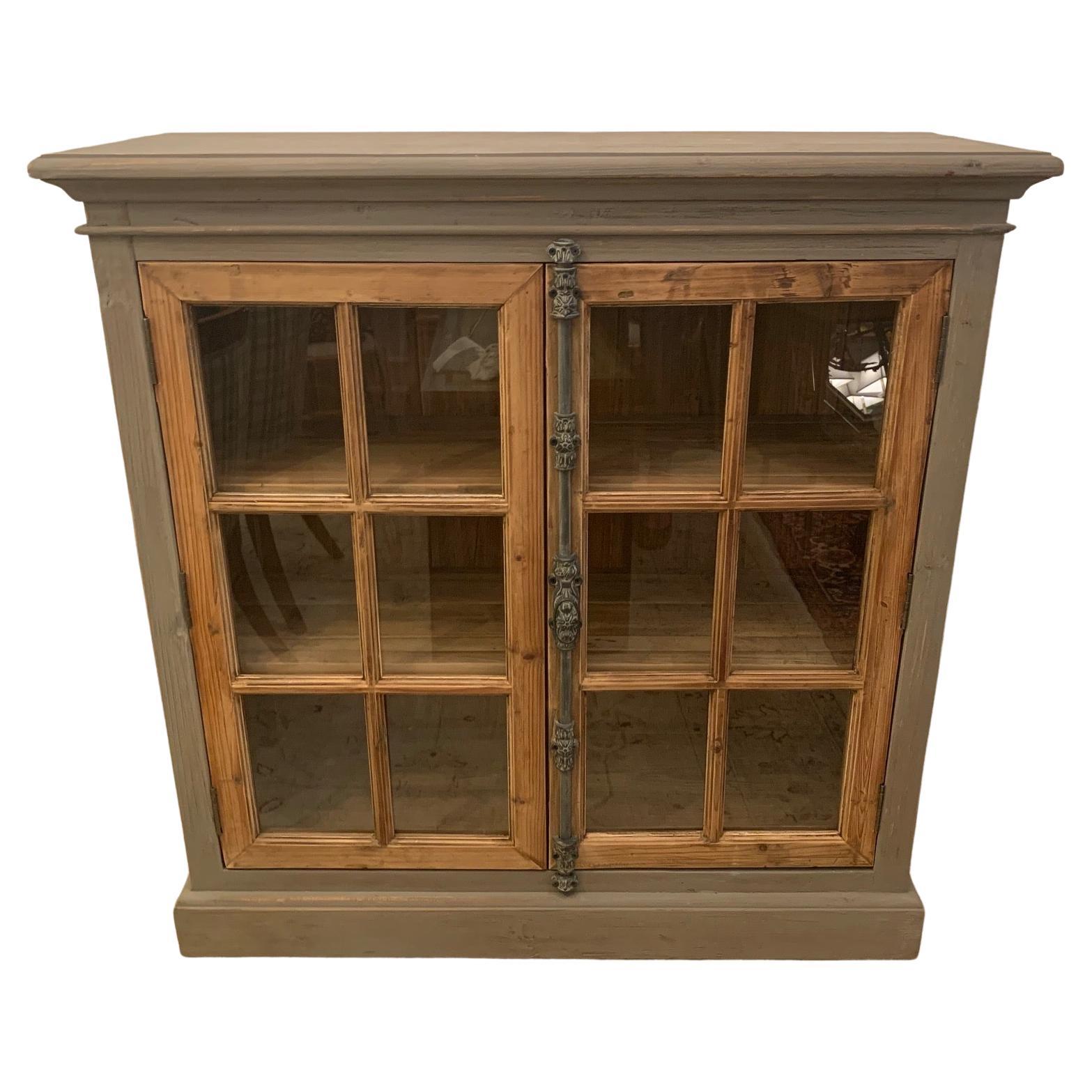 Country Fresh Painted Pine Cabinet with Glass Doors For Sale