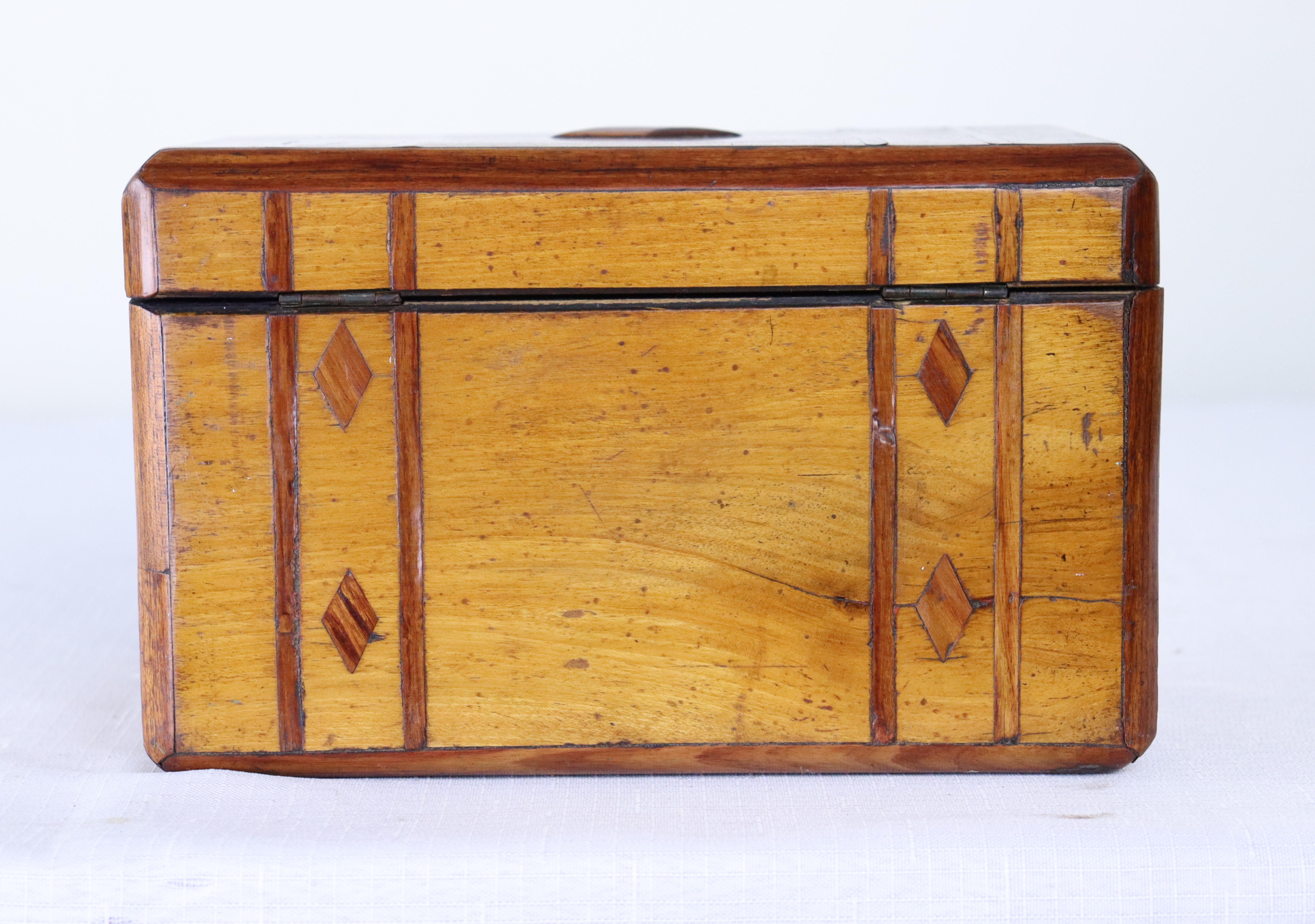 19th Century Country Fruitwood Tea Caddy, Mahogany Inlay For Sale
