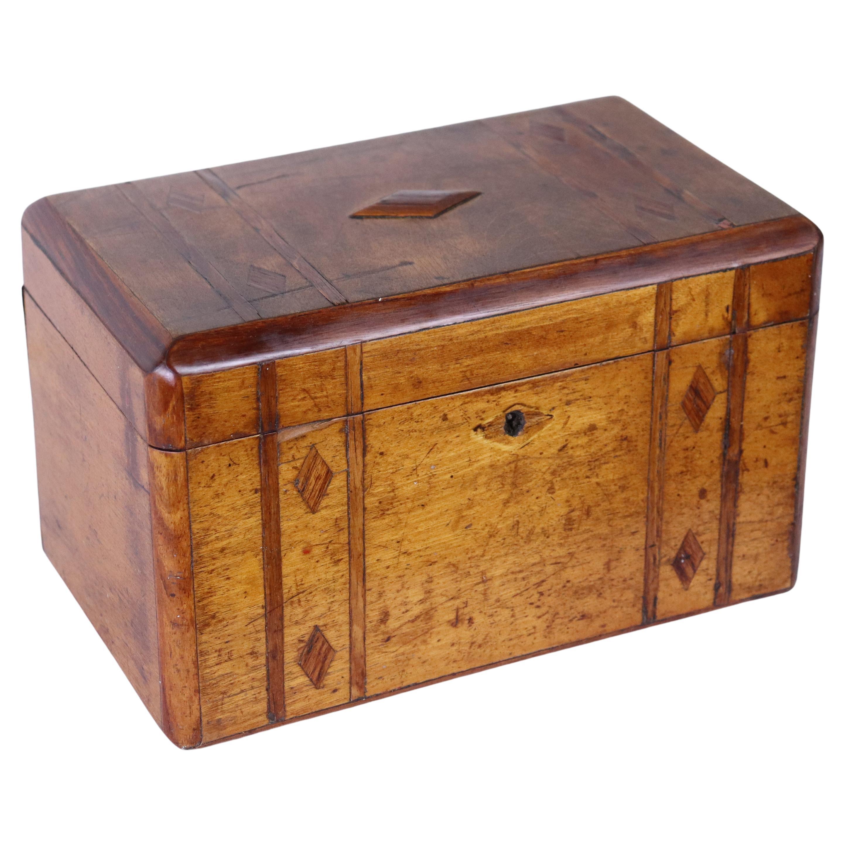 Country Fruitwood Tea Caddy, Mahogany Inlay For Sale