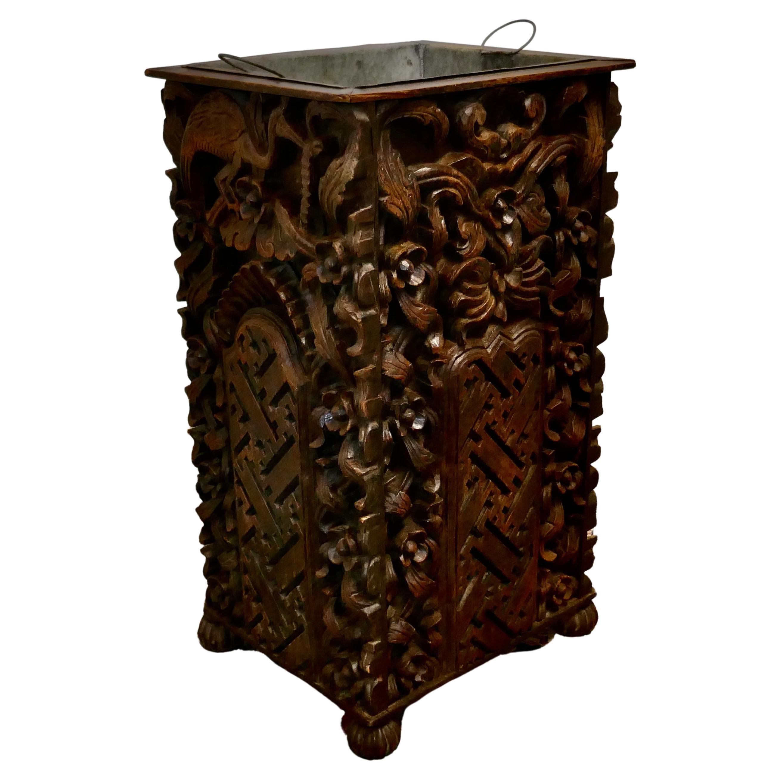 Country House Carved Gothic Oak Umbrella Stand For Sale