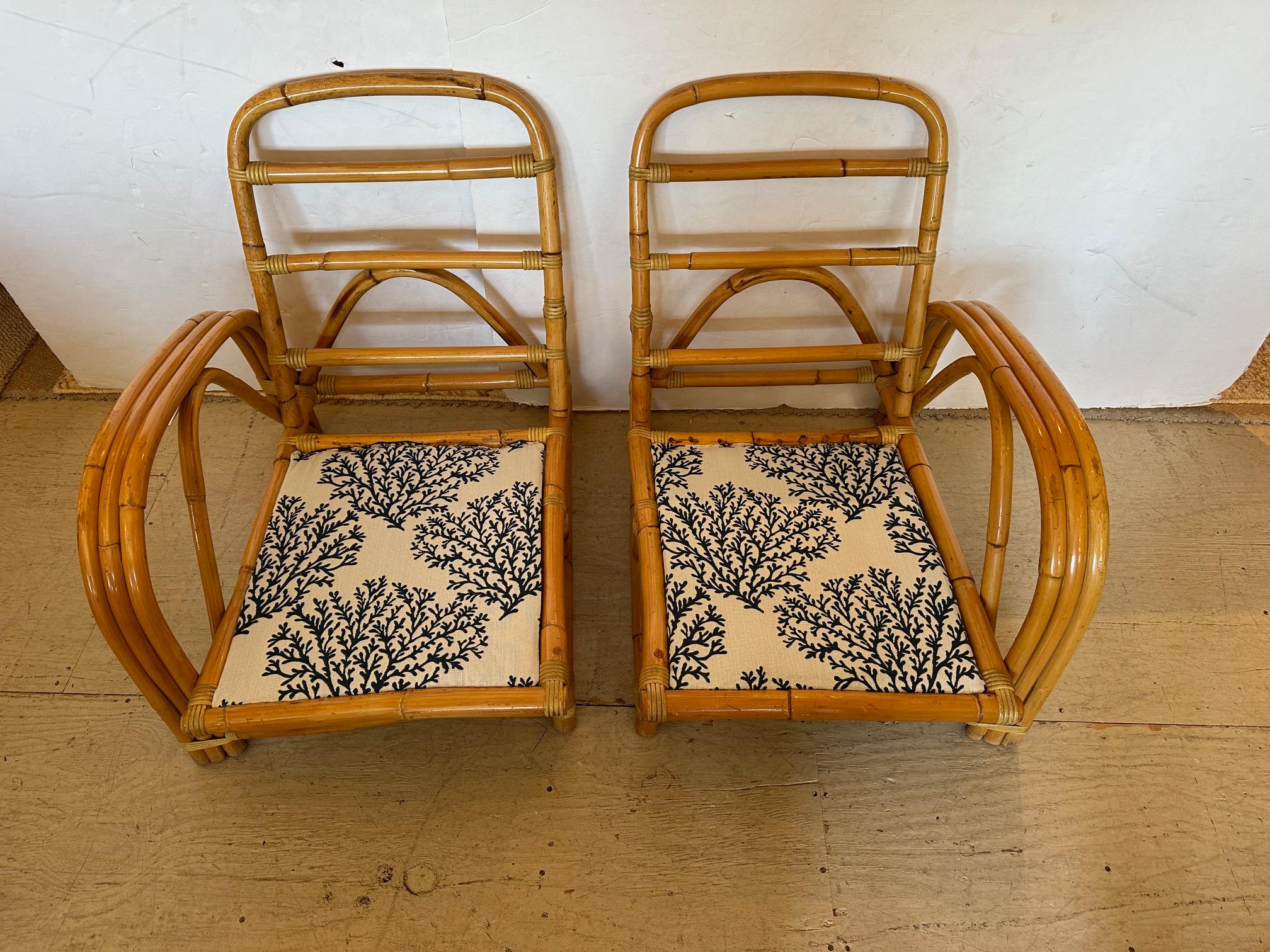 Country House Chic Vintage Bamboo Club Chairs or Loveseat with New Upholstery In Good Condition In Hopewell, NJ