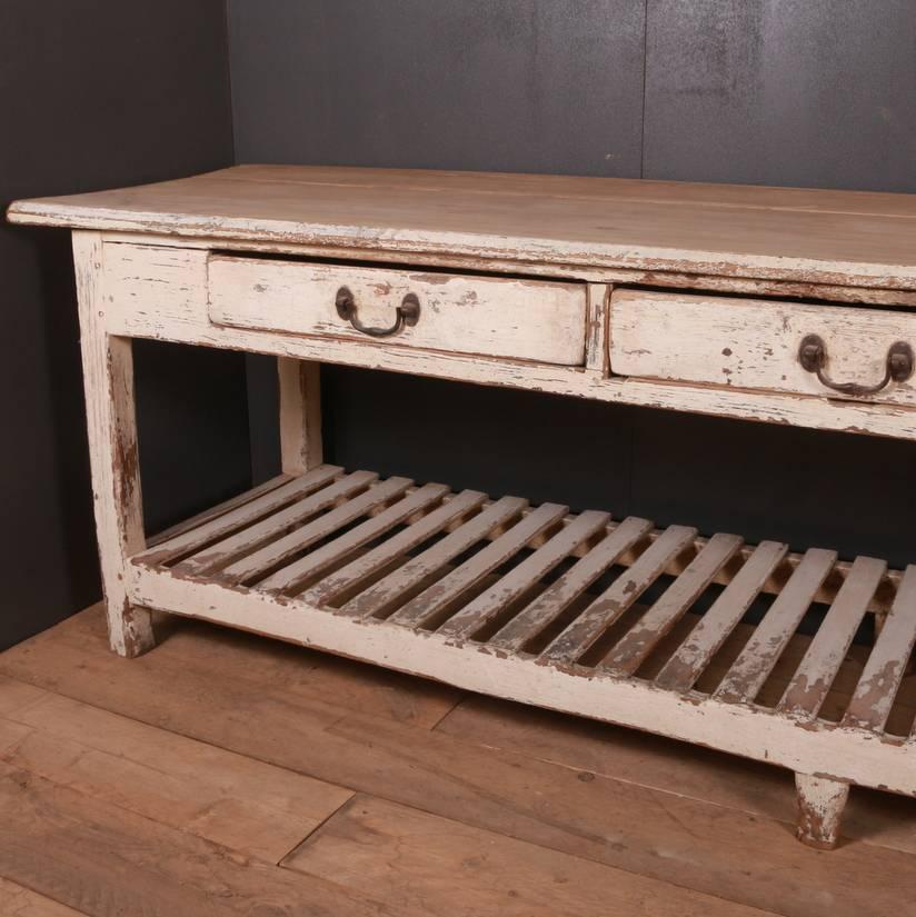 Wonderful early 19th century original painted country house serving table with a slatted potboard, 1810.

Dimensions:
117.5 inches (298 cms) wide
28.5 inches (72 cms) deep
31.5 inches (80 cms) high.

 