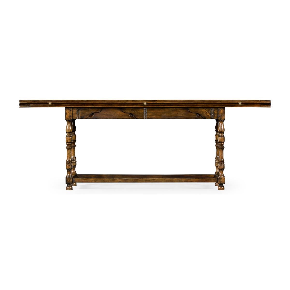 Country Hunt dining table with old-world charm and modern functionality. With a planked walnut top composed of three hinged panels that allow for different configurations and uses. A long console table or open to a classic kitchen or dining table.