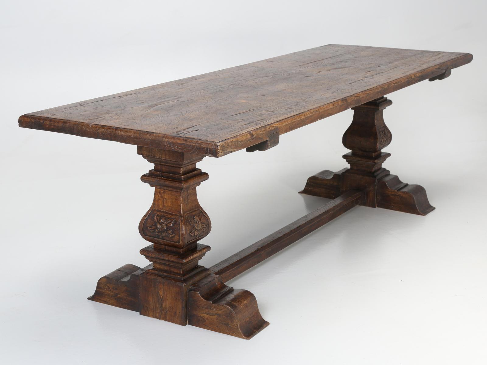 Hand-Carved Country Italian Farm Table, Constructed from Solid Elm, Restored