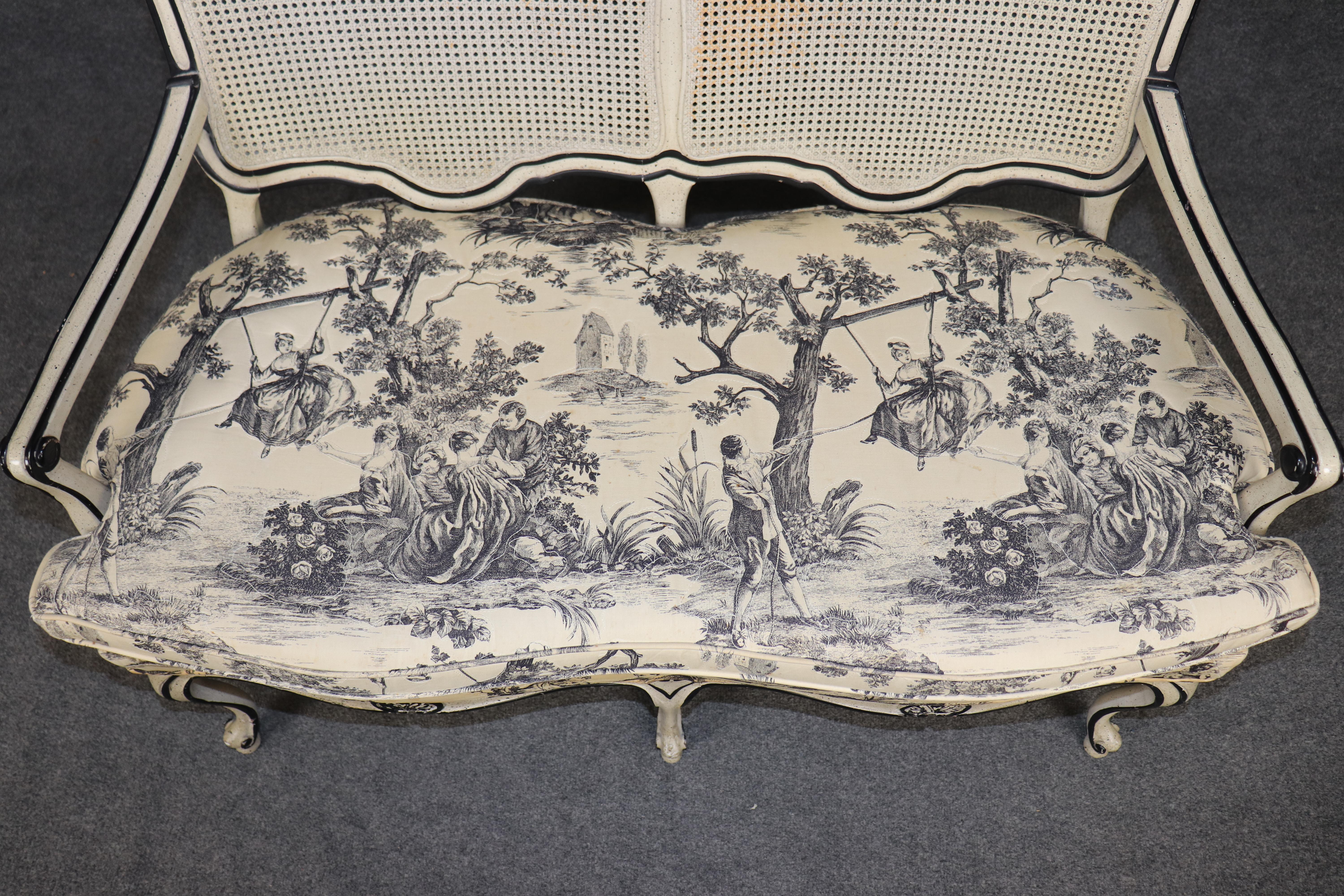 Upholstery Country Louis XV Style Creme Paint Decorated and Carved Settee