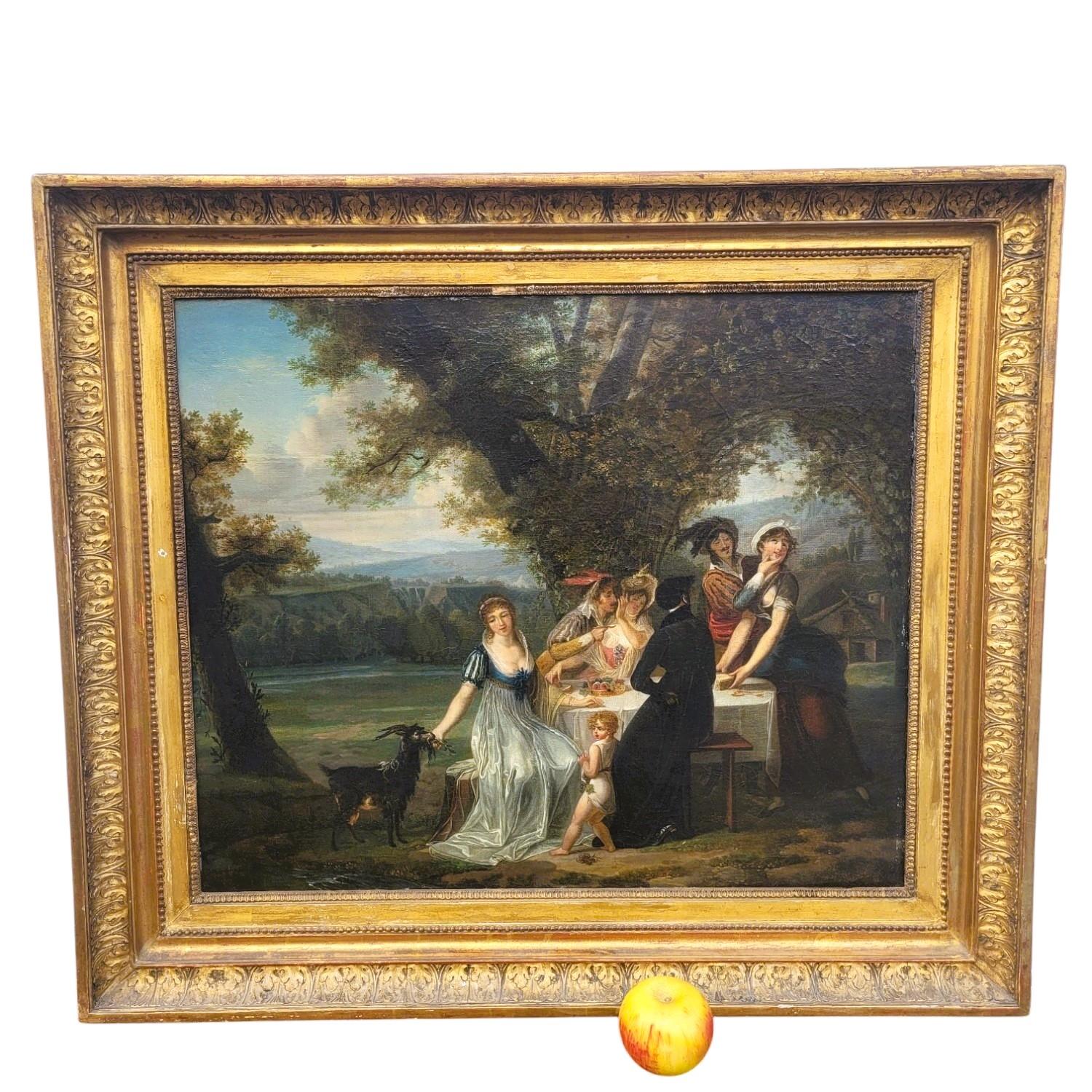 Bellissimo olio su tela che raffigura una scena di picnic in campagna, animata da personaggi che si divertono sotto un albero.

Bella scena, bella qualità del dipinto, purtroppo non firmata

Usura dovuta all'uso, tela ribattuta e vecchi restauri,