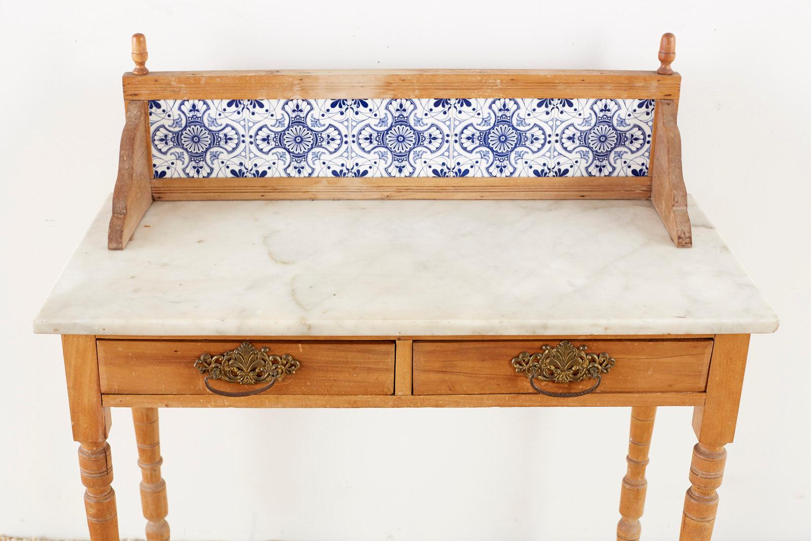 Country Pine Marble-Top Table with Blue and White Tiles 3