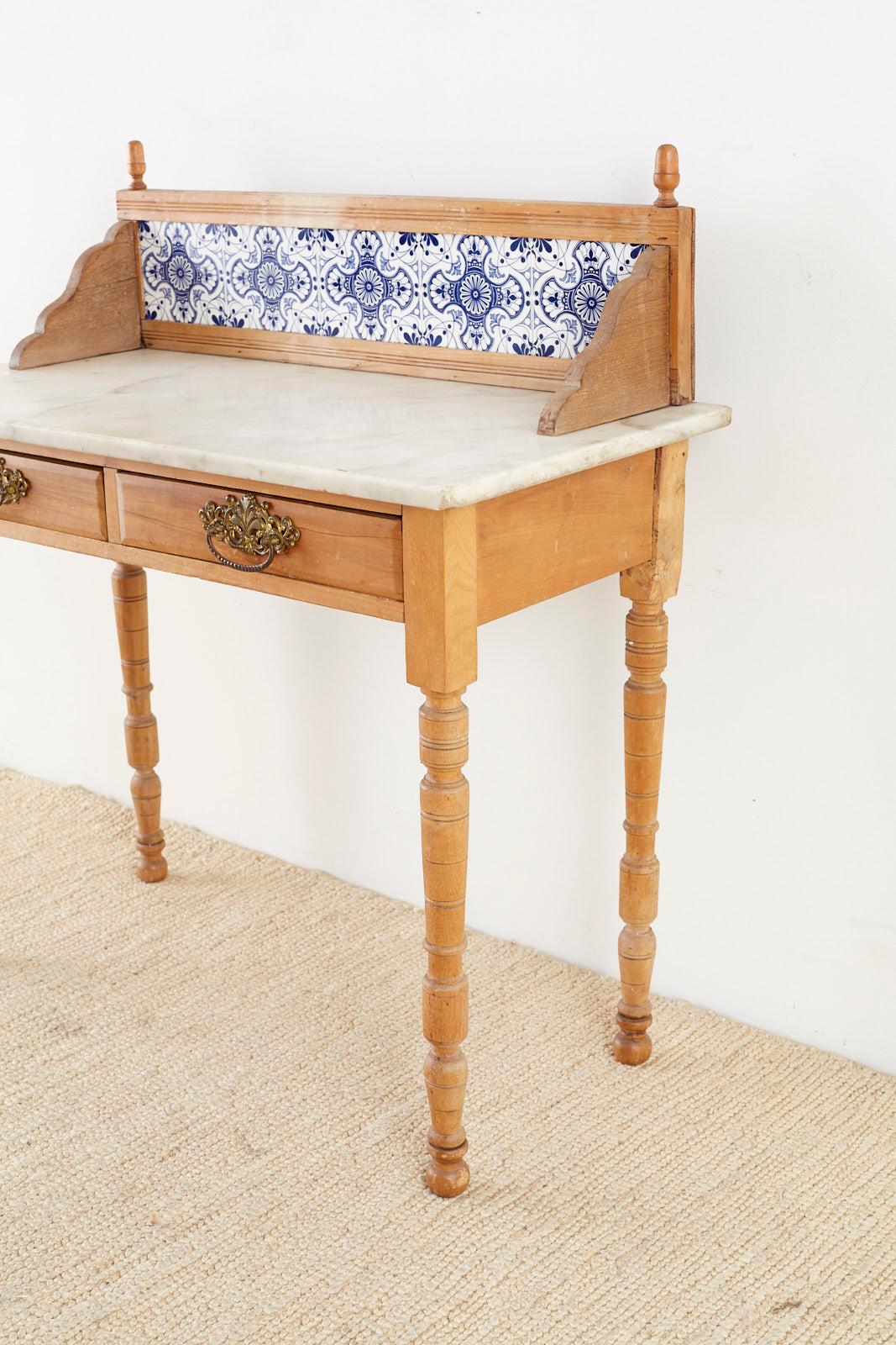 Country Pine Marble-Top Table with Blue and White Tiles 4