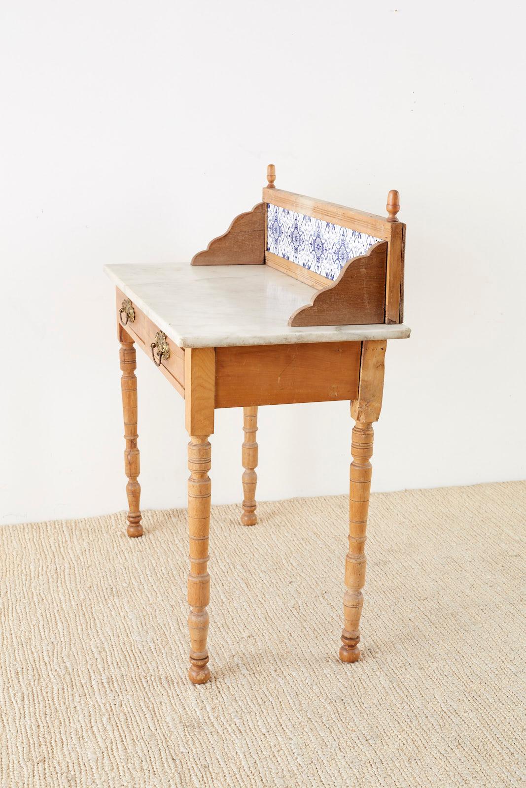Country Pine Marble-Top Table with Blue and White Tiles 8