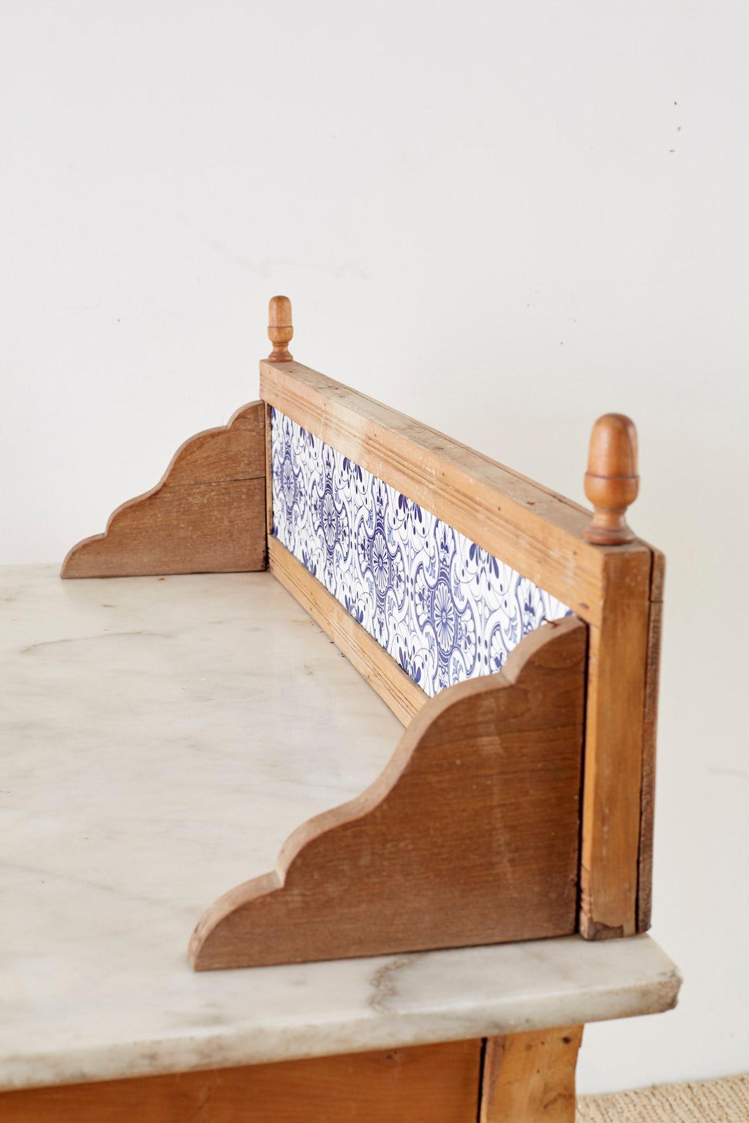 Country Pine Marble-Top Table with Blue and White Tiles 10