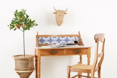 Country Pine Marble-Top Table with Blue and White Tiles