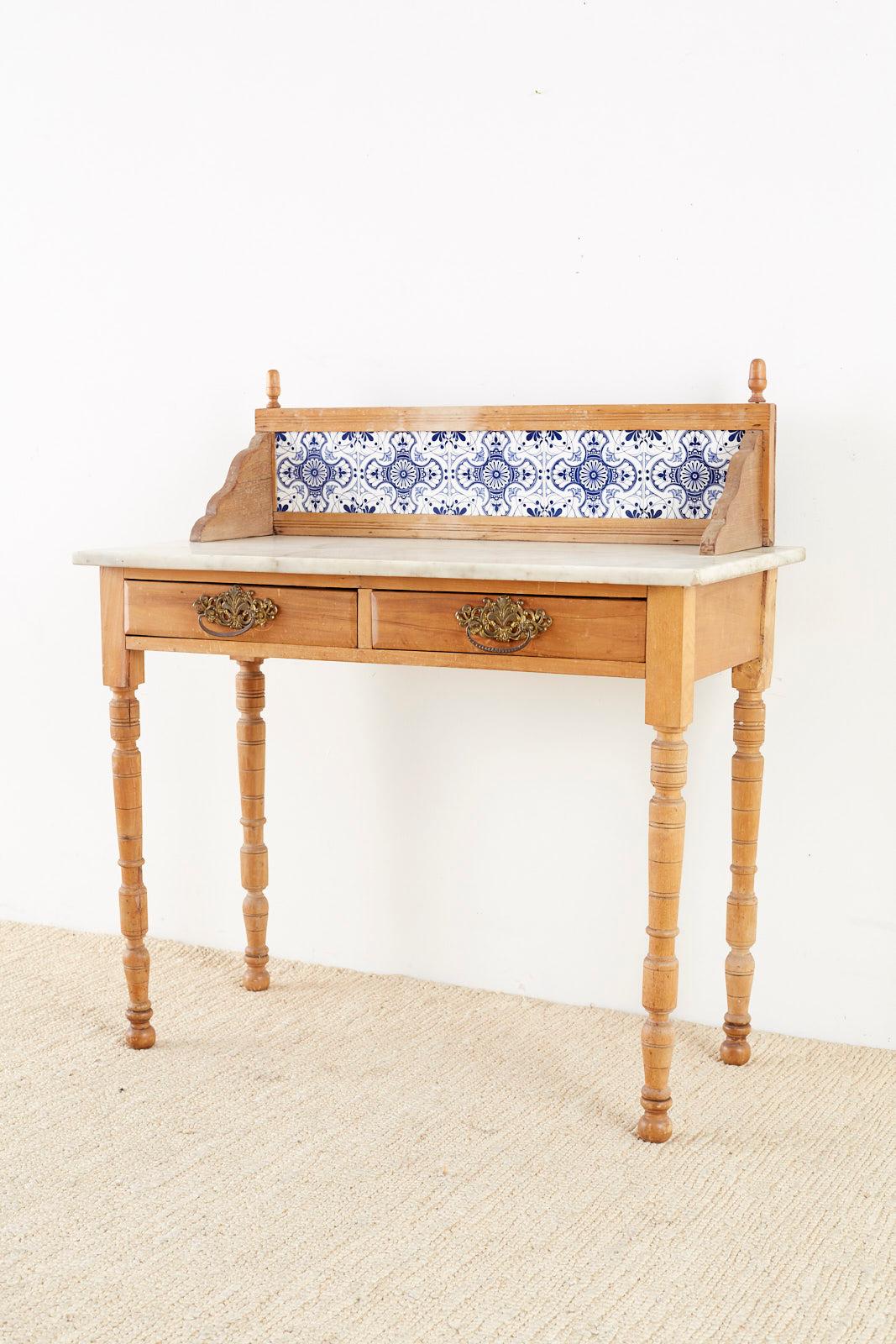 Rustic Country Pine Marble-Top Table with Blue and White Tiles