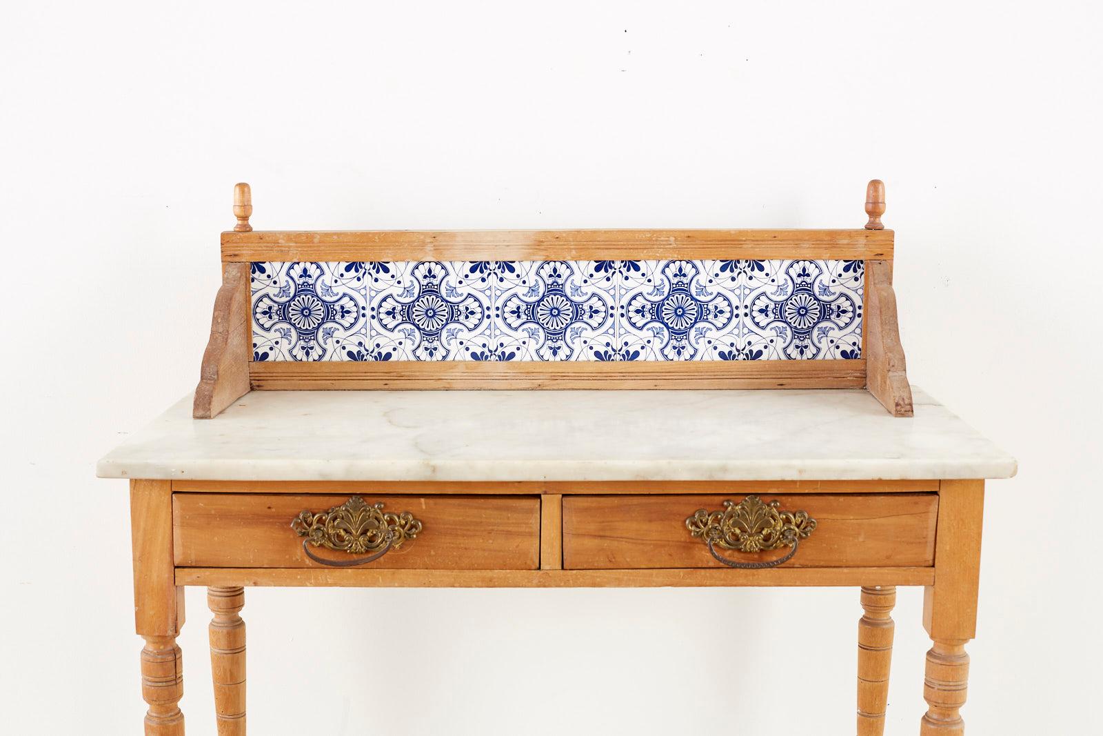 European Country Pine Marble-Top Table with Blue and White Tiles