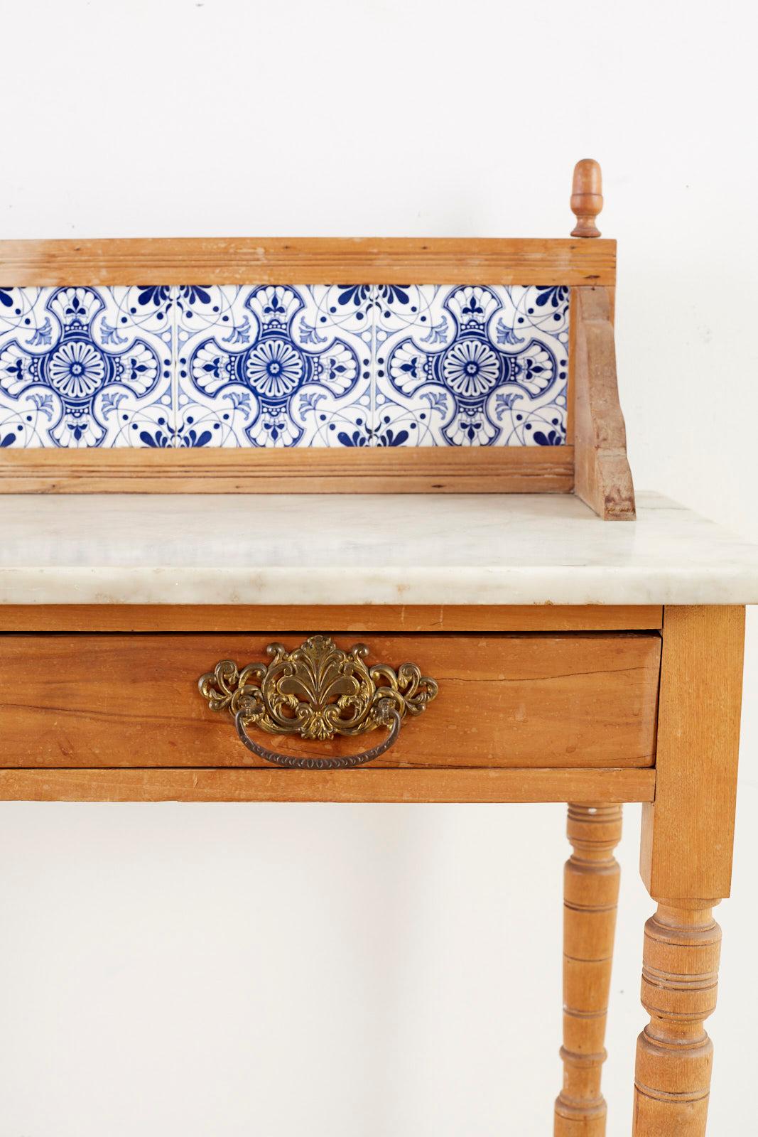Hand-Crafted Country Pine Marble-Top Table with Blue and White Tiles
