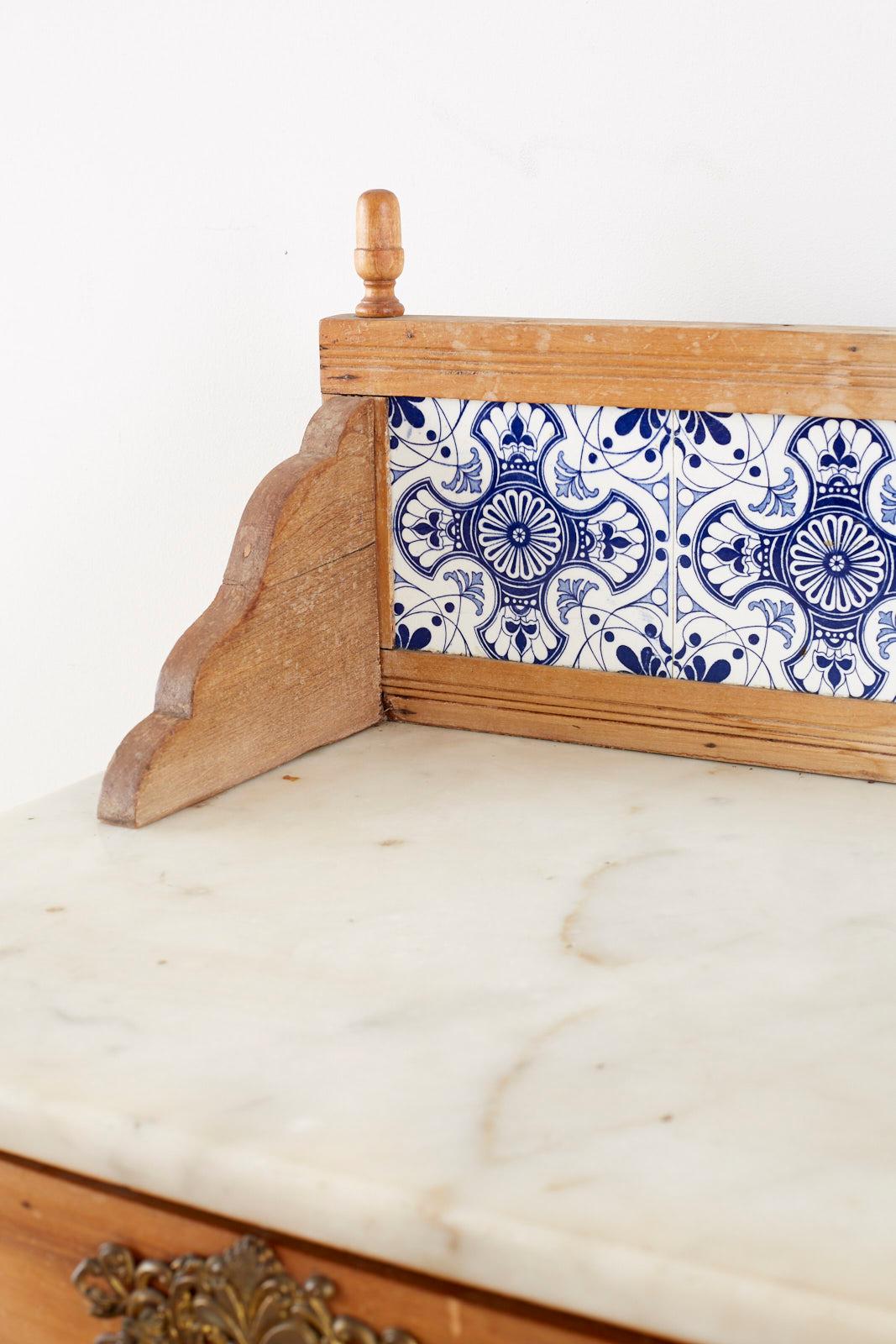 Country Pine Marble-Top Table with Blue and White Tiles In Fair Condition In Rio Vista, CA