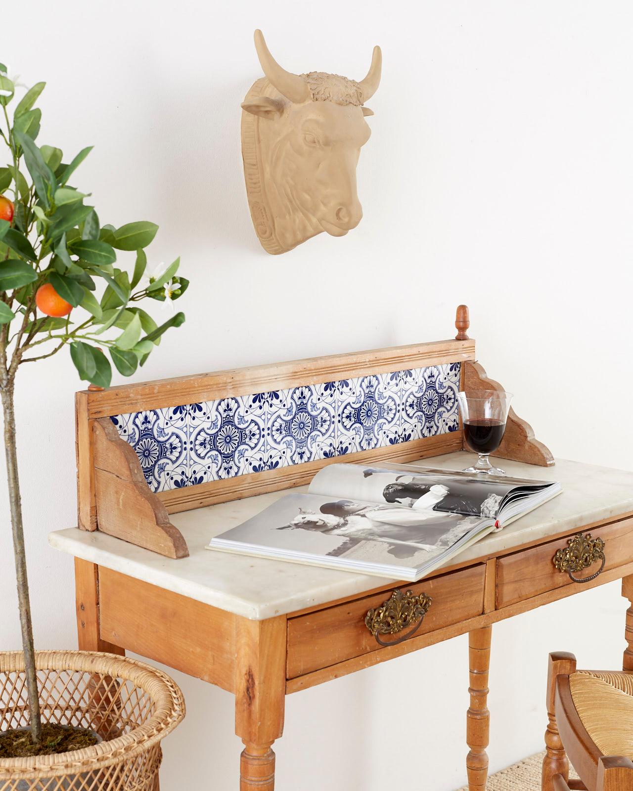 Country Pine Marble-Top Table with Blue and White Tiles 1