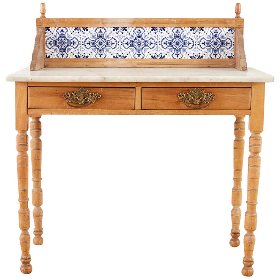 Country Pine Marble-Top Table with Blue and White Tiles