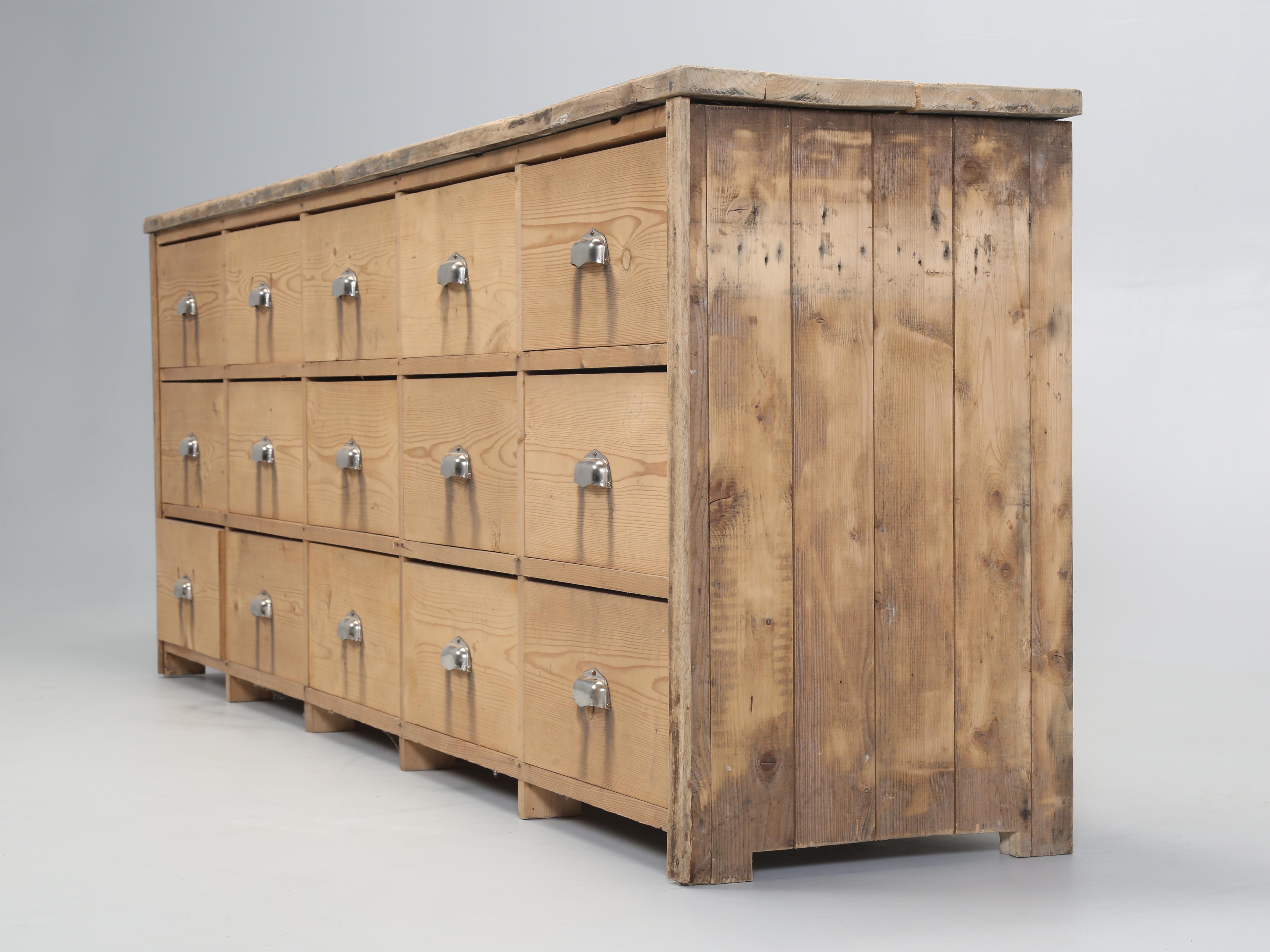 Kitchen Island? Old Irish Store or Shop Cabinet with (15) large individual Drawers. In Ireland and England, they might have called this Old Stripped Pine Cabinet a Shop Fitting, or Bank of Drawers and we might refer to it as a Store Counter, or