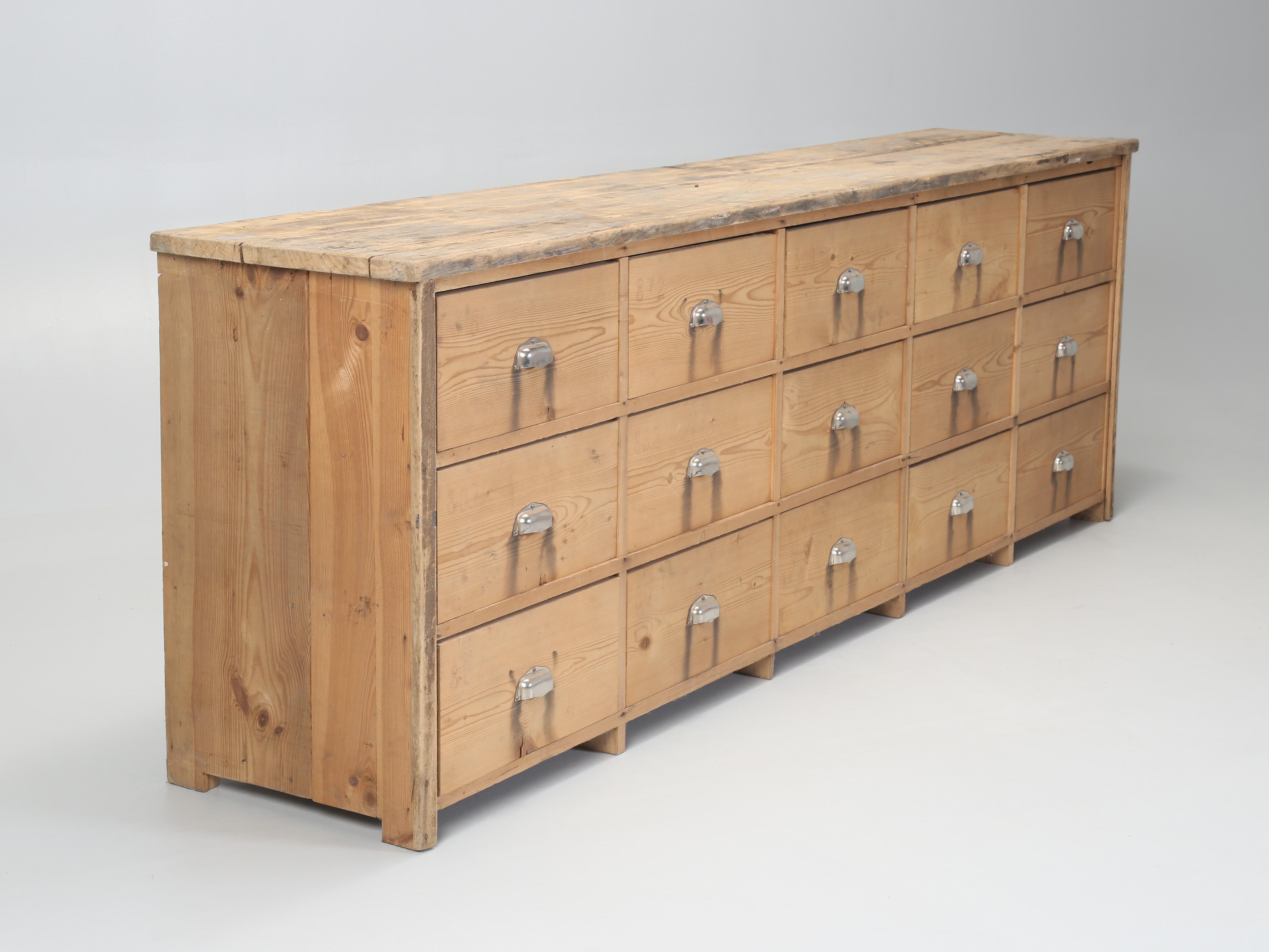 Hand-Crafted Country Pine Store Counter, Shop Cabinet (15) Drawers Irish Original Unrestored For Sale