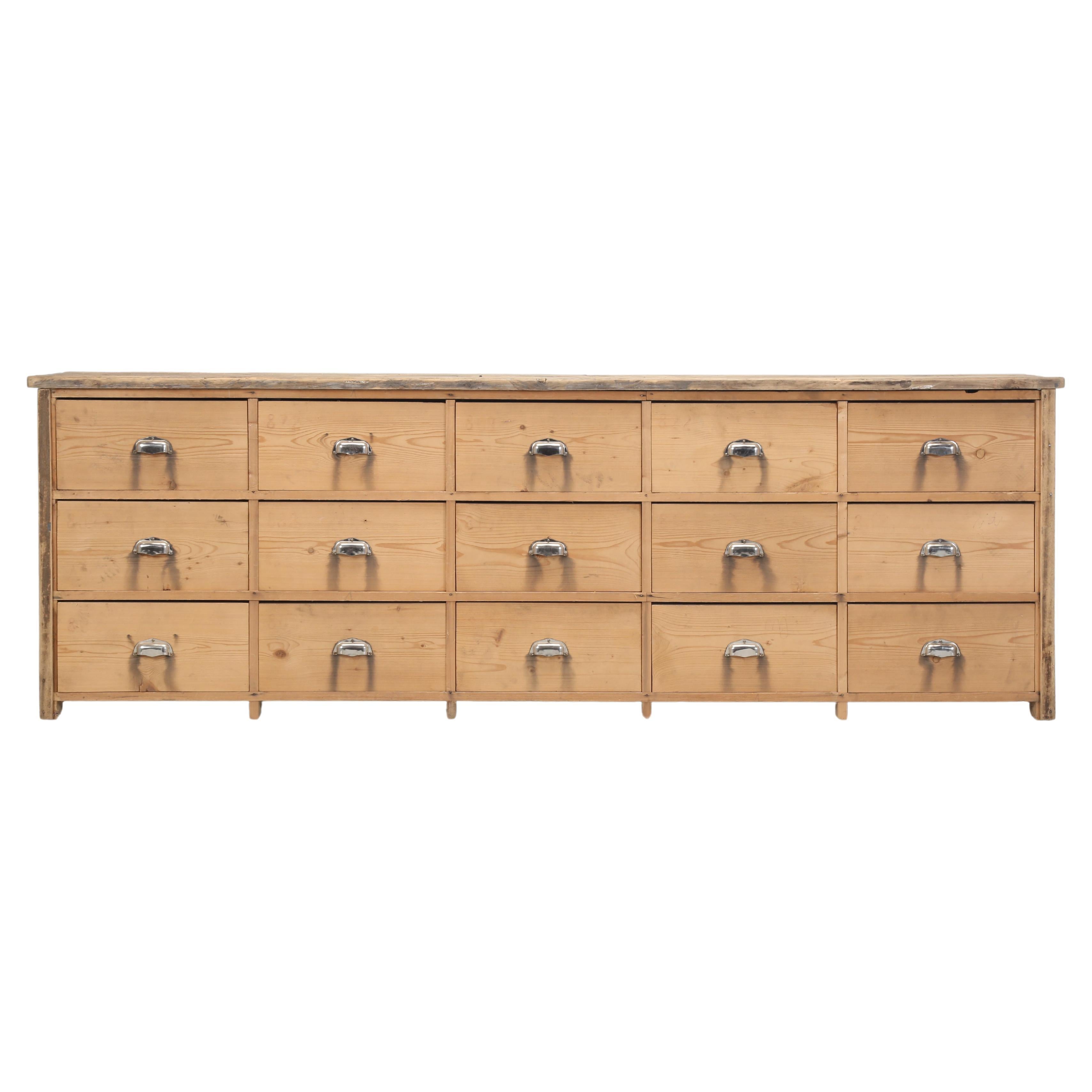 Country Pine Store Counter, Shop Cabinet (15) Drawers Irish Original Unrestored For Sale