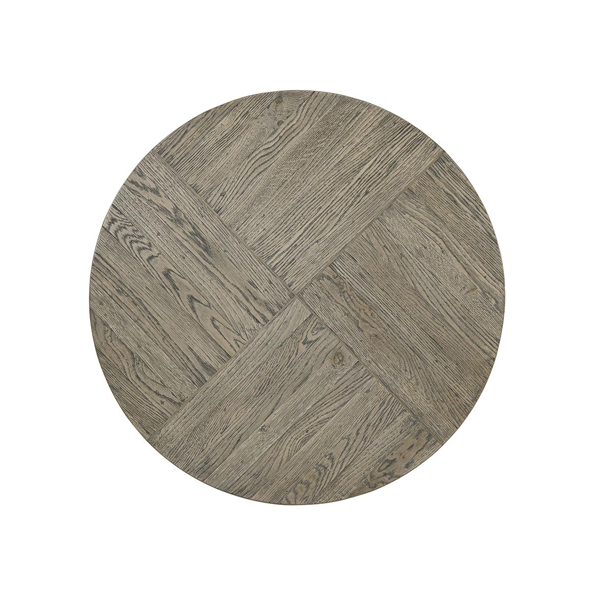 handcrafted with a round rustic oak and walnut strung parquetry top in our 'grey echo oak' finish with a planked solid cross-section base and cut-out legs.

Dimensions: 28