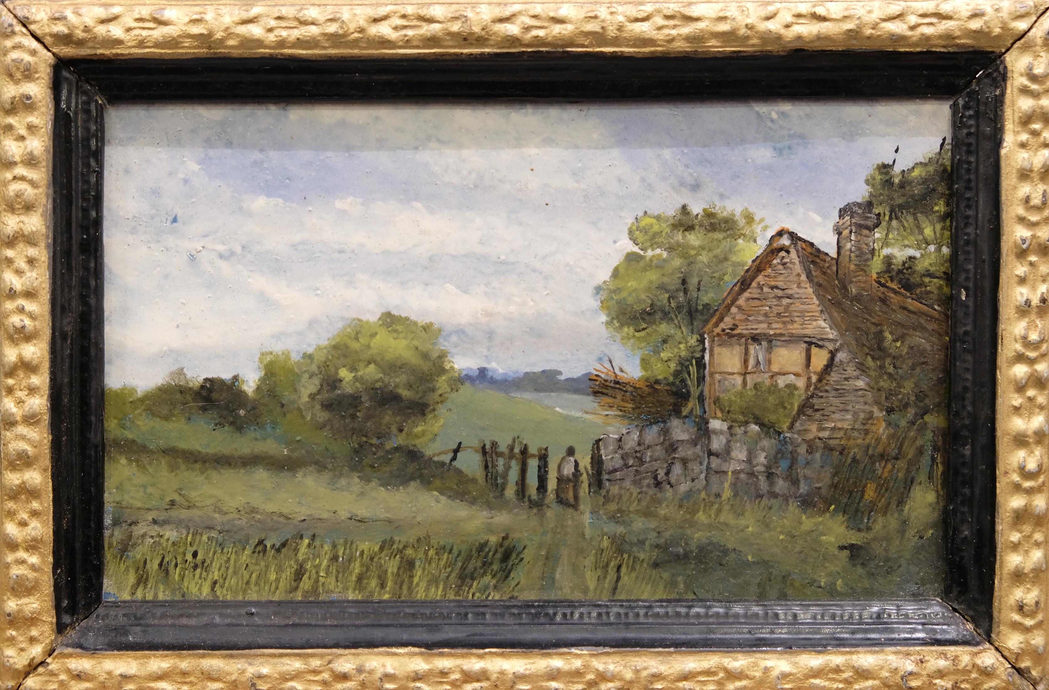 British Country Scene 19th Century Small Oil Painting on Board in Period Ebonized Frame
