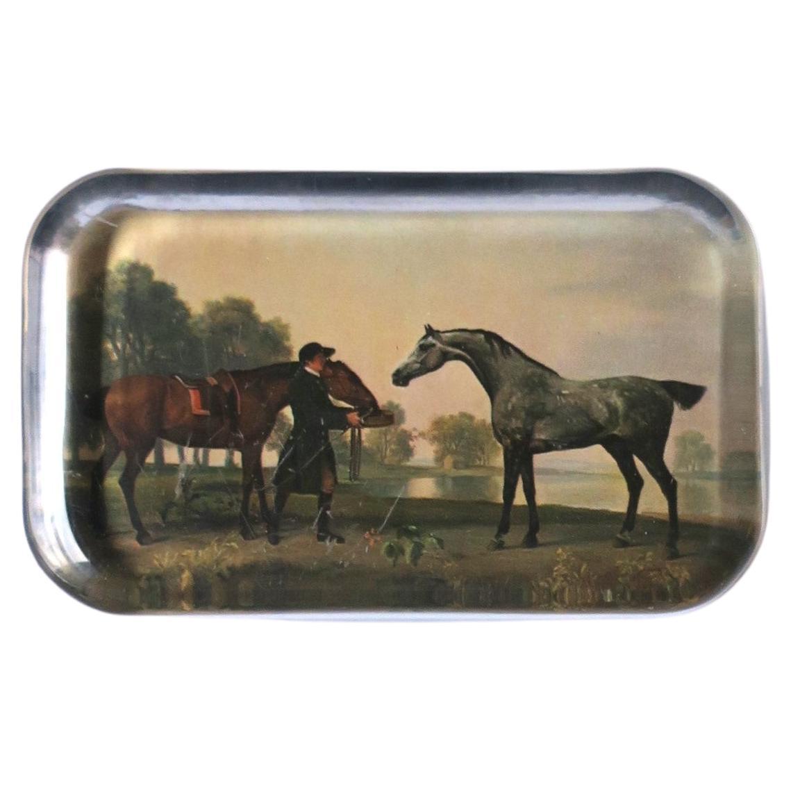 Country Scene with Horses Paper Decoupage Glass Paperweight, circa 1970s For Sale