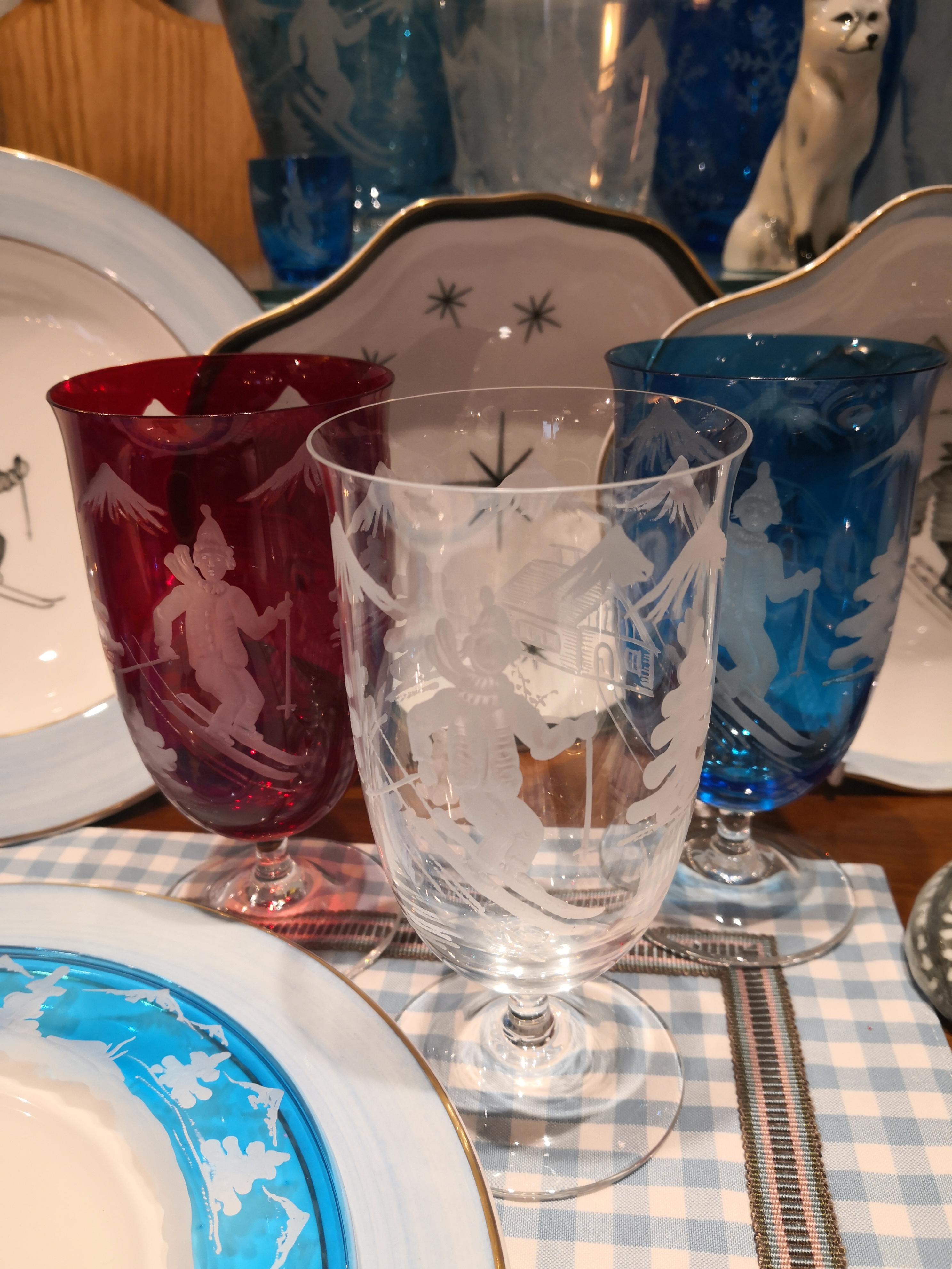 Hand-Crafted Country Style Set of Six Tumblers Blue Skier Decor Sofina Boutique Kitzbuehel
