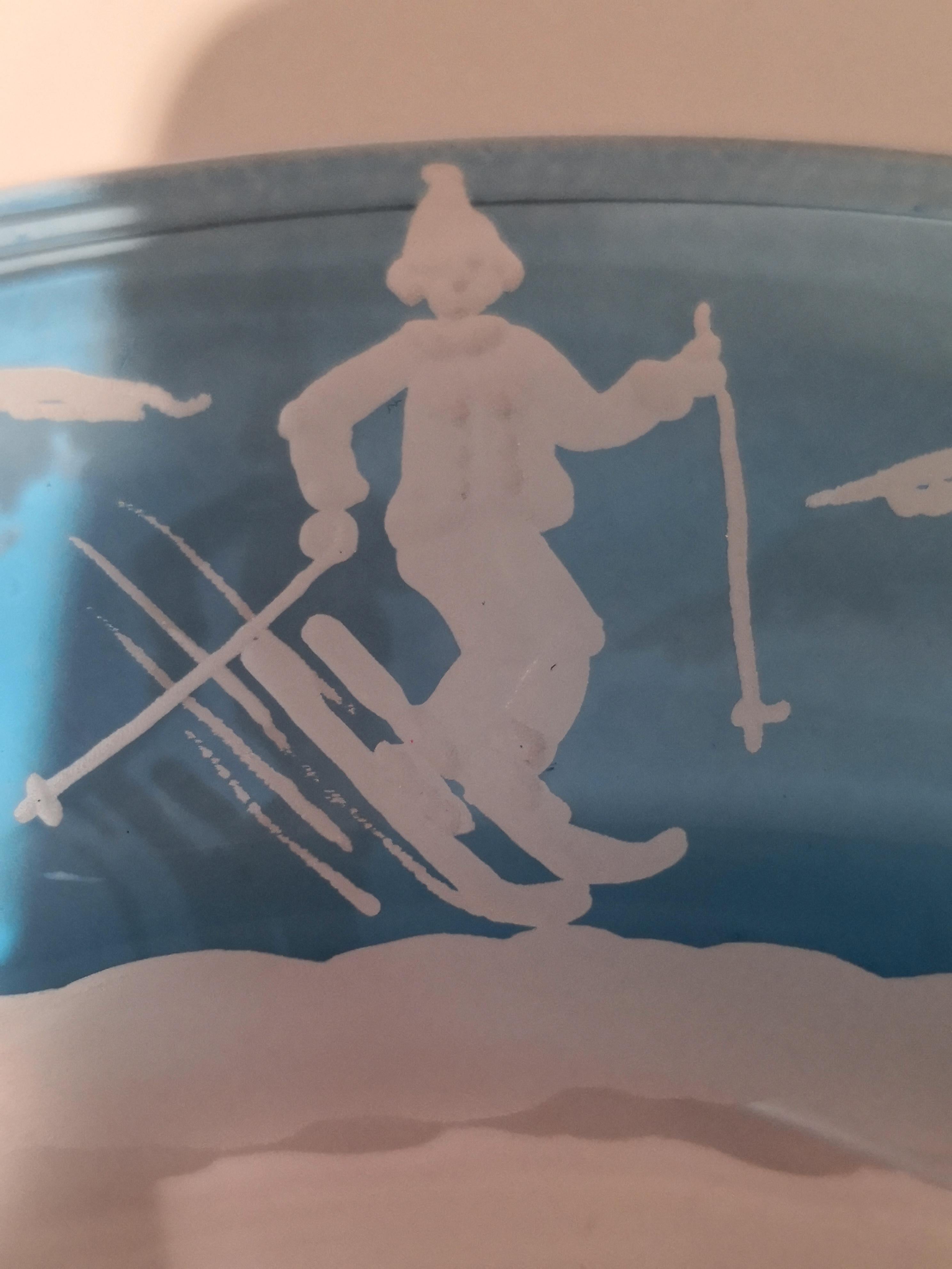 German Country Set of Six Glass Plates Blue Skier Decor Sofina Boutique Kitzbühel For Sale