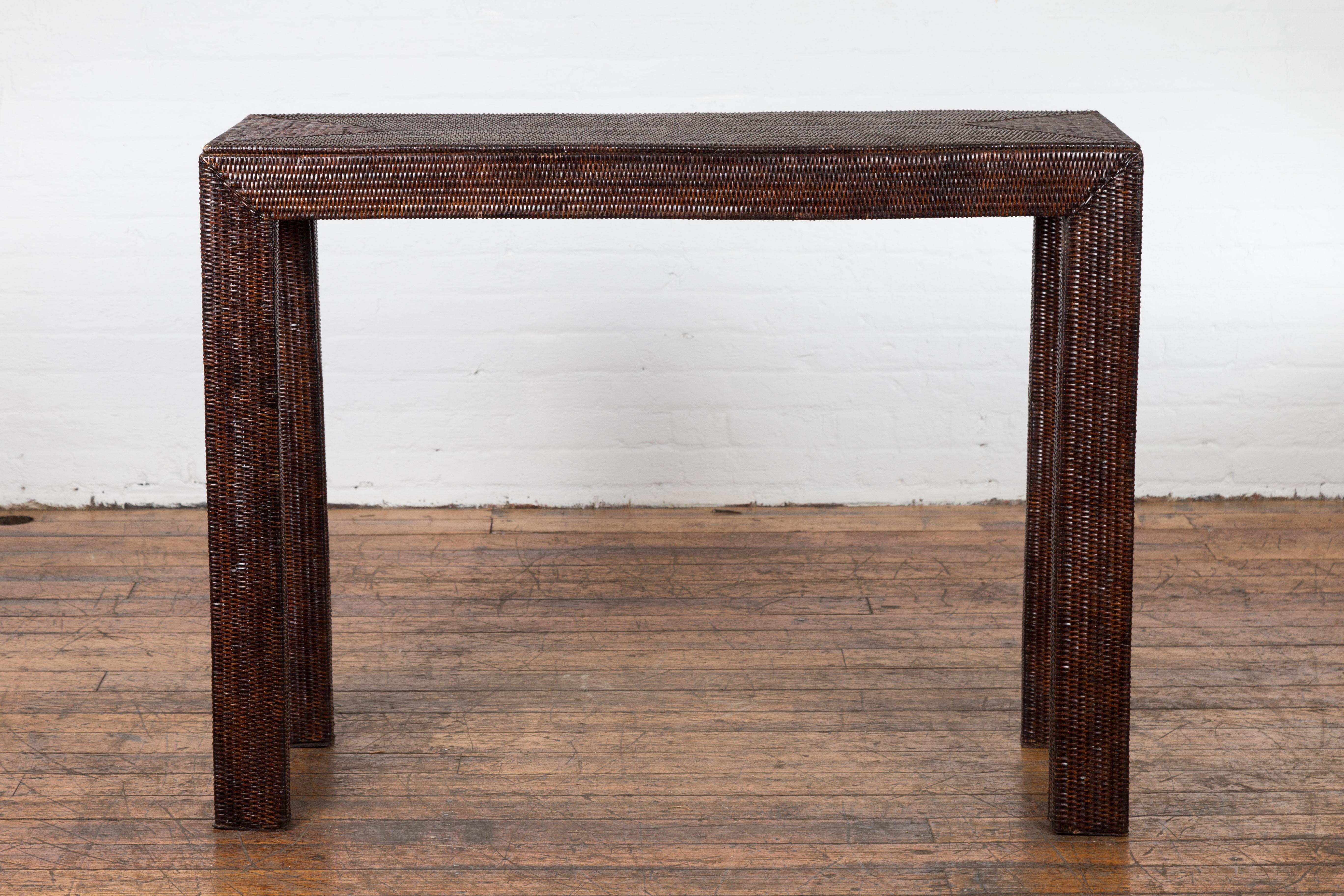 Country Style Burmese Midcentury Dark Brown Woven Rattan Console Table For Sale 7