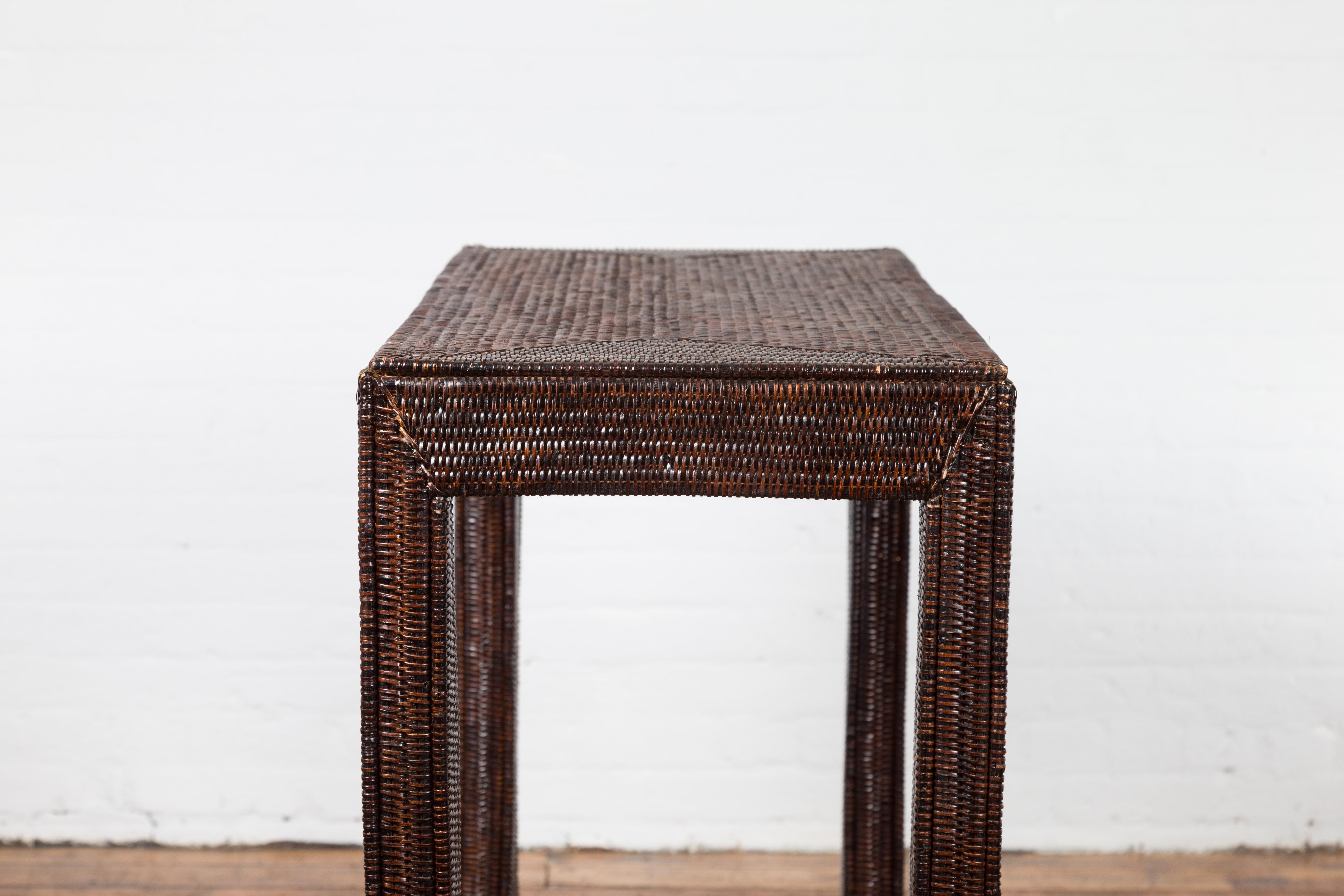 Country Style Burmese Midcentury Dark Brown Woven Rattan Console Table For Sale 9
