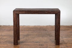 Country Style Midcentury Dark Brown Woven Rattan Console Table
